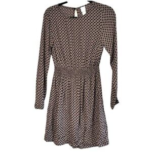 H&M Black Brown Geometric Print Mini Dress Long Sleeve Viscose Size 2
